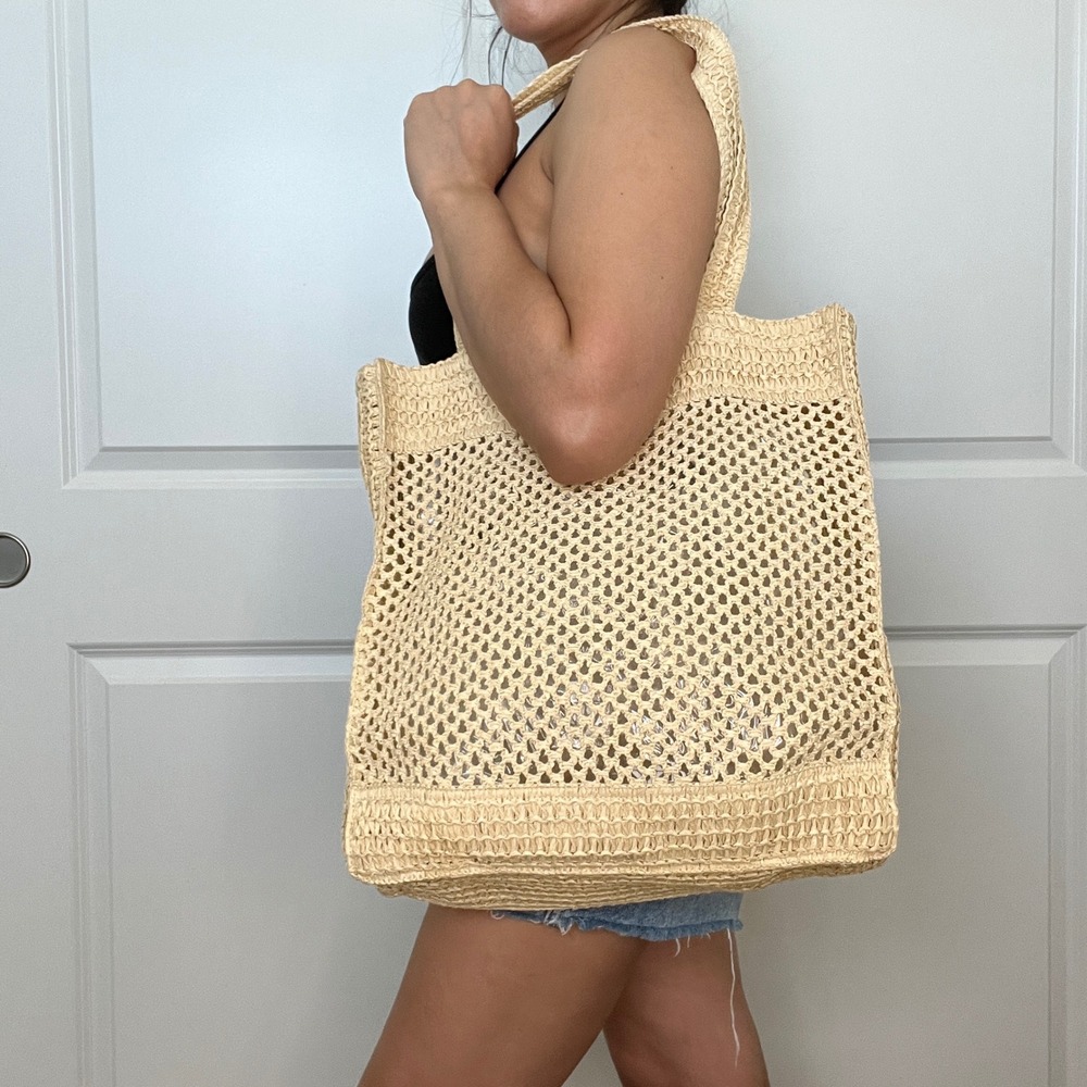 Straw Tote Bag Womens OS Cream‎ Open Weave Mesh Shoulder Strap